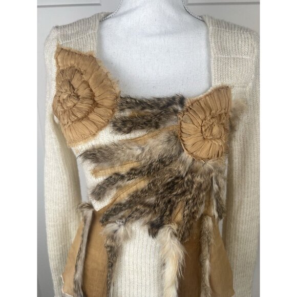 Radzoli Vtg 80's Sweater Wool Blend Gold Lurex Genuine Fur Art To Wear Sz S - Picture 2 of 11